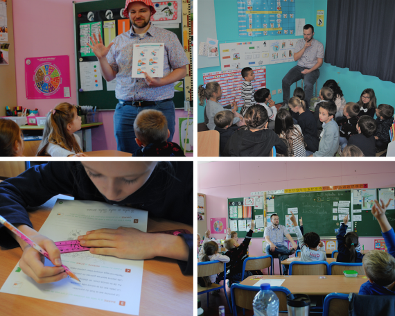 Un jeune instituteur et sa classe mixte P1-P2 à l’école Saint-Joseph d'Aiseau-Presles.